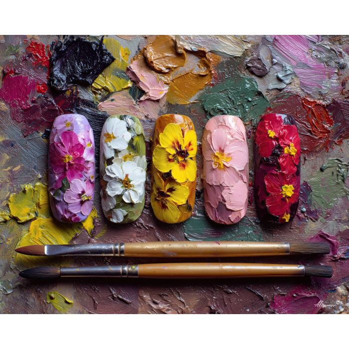 floral nails, multicolor manicure, garden inspired nails, colorful nail art, petals still life, pigment spots painting, beauty palette artwork, vibrant manicure art, bold nail colors, artistic beauty décor