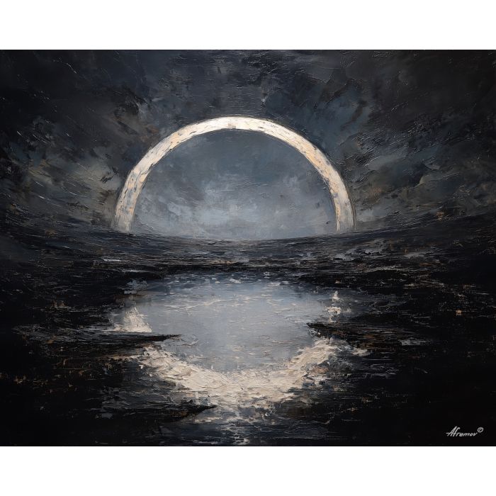 arched, pale, shapes, circling, central, void, sliding, narrow, tonal contrast, meditative dark, aged material, organic arc, quiet memento, shadowed object, textured stillness, symbolic bone, hollow form, chiaroscuro study, oil painting palette knife, textured impasto