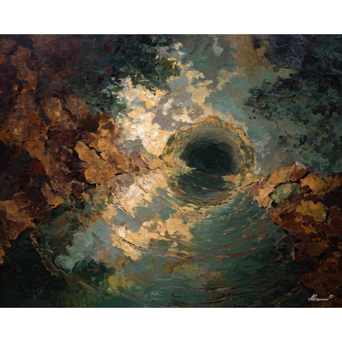 watering, hollow, edged, with, worn, stone, filling, amber distance, open plain, sun-steeped land, textured horizon, savanna expanse, red earth, acacia silhouettes, village pattern, heat shimmer, distant hills, oil painting palette knife, textured impasto, layered pigments