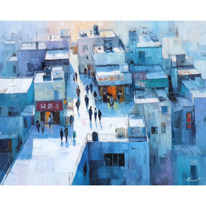 rooftop, edge, overlooking, clustered, roofs, glowing, around, doorways, neighborhood glow, urban pattern, historic energy, layered silhouettes, warm night color, jazz atmosphere, brick facade, city rhythm, evening street, club doorway, oil painting palette knife, textured impasto