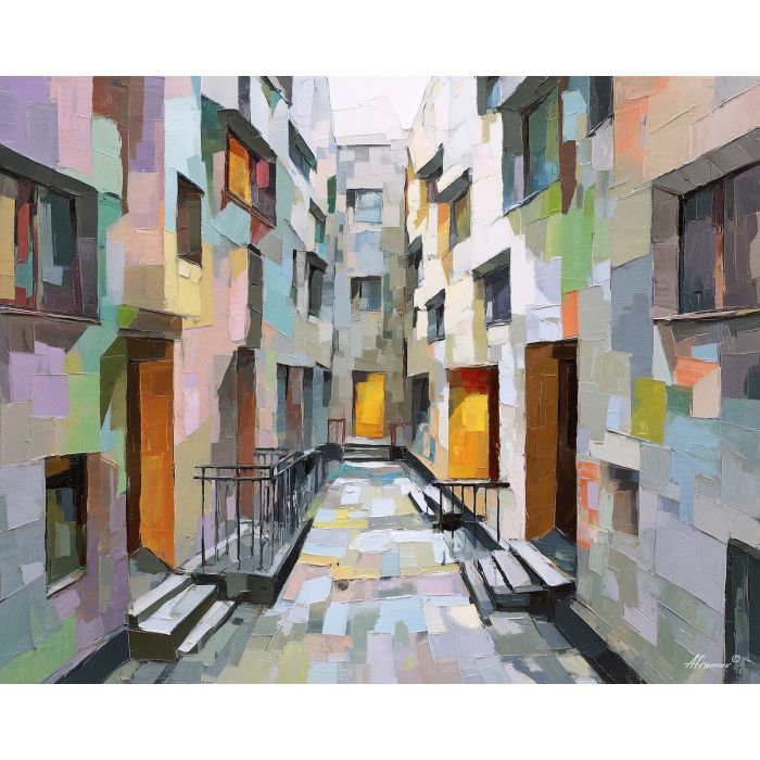 walkway, cutting, between, simple, blocks, angling, across, facades, functional design, flat planes, linear balance, minimal composition, geometric facade, modernist structure, primary color field, clean architecture, rectilinear order, abstract building, oil painting palette knife, textured impasto