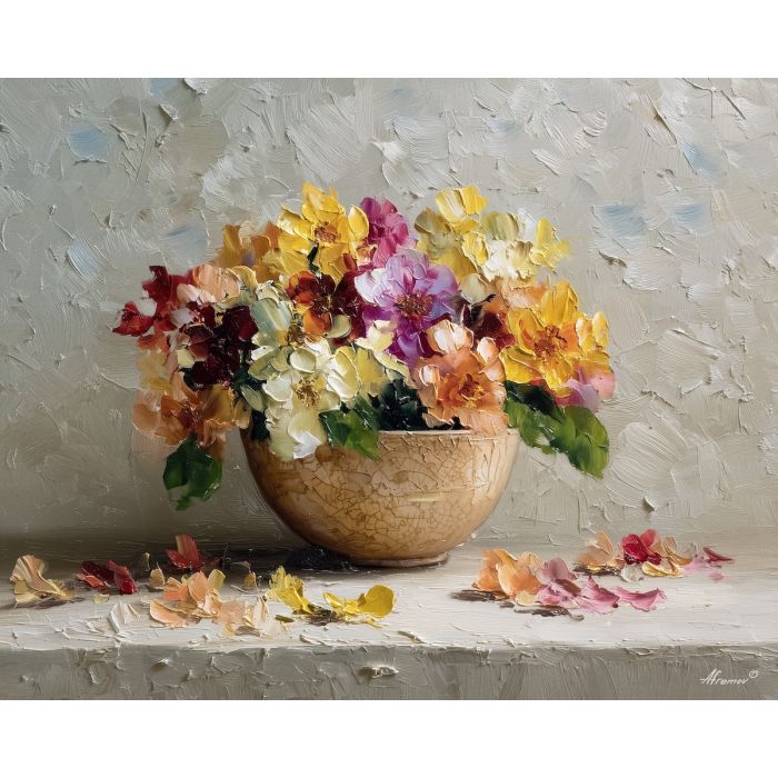 cluster, flowers, spilling, from, ceramic, bowl, passing, through, glass vase, garden suggestion, soft bouquet, natural curve, petal layers, subtle fragrance, gentle color, organic shapes, floral arrangement, delicate blossoms, oil painting palette knife, textured impasto