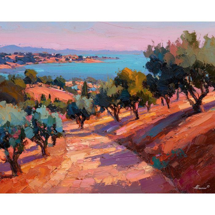 olive, grove, stepping, down, toward, pale, washed, with, marble architecture, seaside village, stone terrace, Aegean light, hillside dwellings, historic shoreline, sunlit masonry, quiet harbor, mediterranean landscape, ancient coast, oil painting palette knife, textured impasto