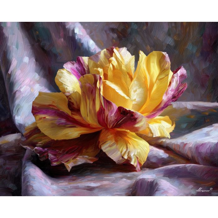 single, bloom, lying, along, folded, fabric, filtering, from, delicate blossoms, glass vase, garden suggestion, soft bouquet, natural curve, petal layers, subtle fragrance, gentle color, organic shapes, floral arrangement, oil painting palette knife, textured impasto