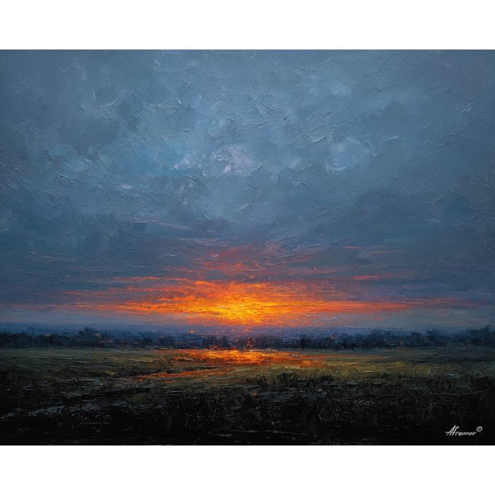distant, glow, resting, over, fields, glowing, center, with, reflective stillness, subtle reverence, luminous calm, quiet sanctuary, soft radiance, arched space, gentle horizon, calm interior, hushed atmosphere, tender light, oil painting palette knife, textured impasto