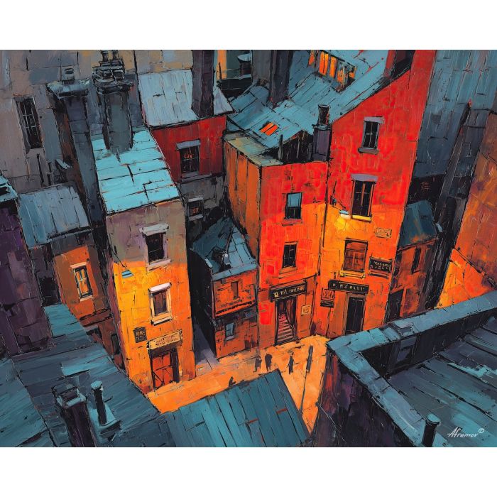 rooftop, edge, overlooking, clustered, roofs, glowing, around, doorways, neighborhood glow, urban pattern, historic energy, layered silhouettes, warm night color, jazz atmosphere, brick facade, city rhythm, evening street, club doorway, oil painting palette knife, textured impasto