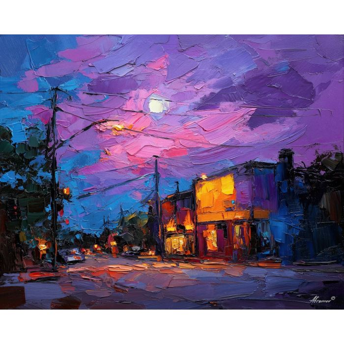 street, corner, humming, with, layered, silhouettes, thick, jazz atmosphere, brick facade, city rhythm, evening street, club doorway, neighborhood glow, urban pattern, historic energy, layered silhouettes, warm night color, oil painting palette knife, textured impasto, layered pigments