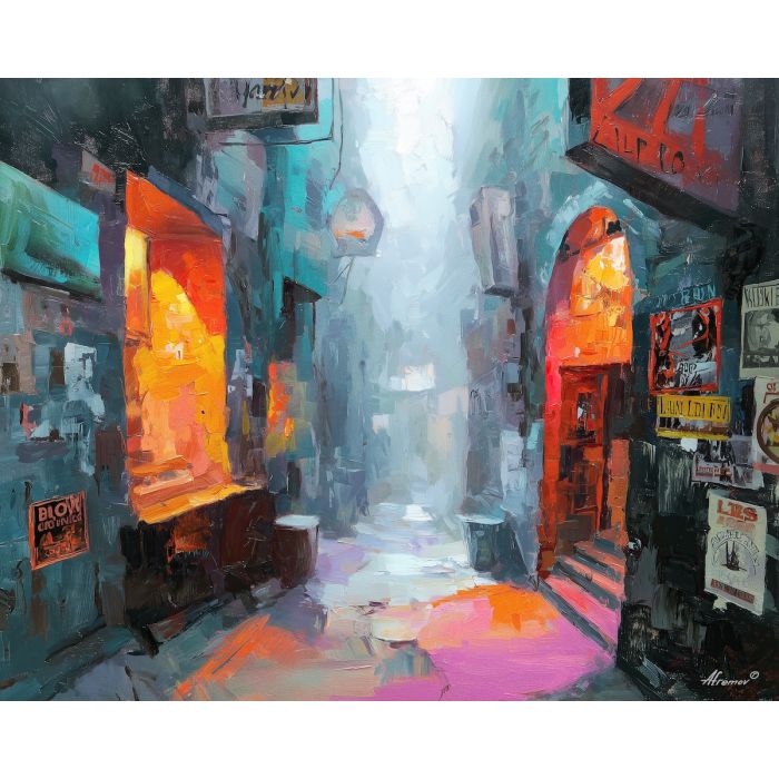 alley, lined, with, posters, painted, signs, softened, interior, evening street, club doorway, neighborhood glow, urban pattern, historic energy, layered silhouettes, warm night color, jazz atmosphere, brick facade, city rhythm, oil painting palette knife, textured impasto