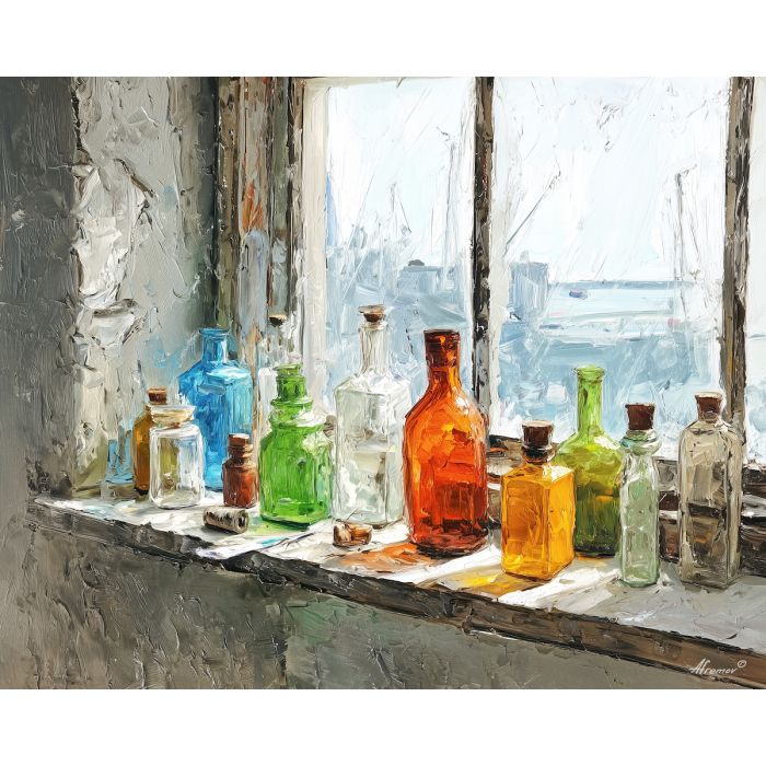 ledge, glass, bottles, near, basin, diffusing, through, high, quiet routine, domestic stillness, subtle moisture, bath corner, intimate space, ceramic texture, tiled interior, soft steam, reflective glass, porcelain surface, oil painting palette knife, textured impasto