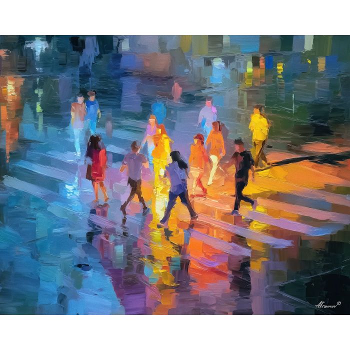 dance, floor, reduced, overlapping, figures, compressing, shadows, between, historic energy, layered silhouettes, warm night color, jazz atmosphere, brick facade, city rhythm, evening street, club doorway, neighborhood glow, urban pattern, oil painting palette knife, textured impasto