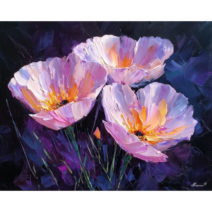 reflection, petals, faintly, visible, dark, glass, touching, edges, organic shapes, floral arrangement, delicate blossoms, glass vase, garden suggestion, soft bouquet, natural curve, petal layers, subtle fragrance, gentle color, oil painting palette knife, textured impasto