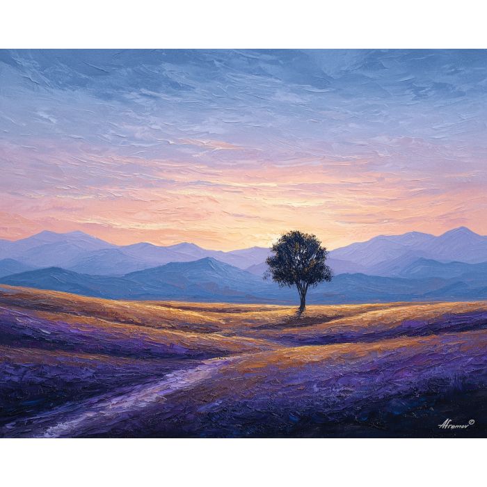 lone, tree, standing, near, distant, mountains, softening, night, sun-steeped land, textured horizon, savanna expanse, red earth, acacia silhouettes, village pattern, heat shimmer, distant hills, amber distance, open plain, oil painting palette knife, textured impasto