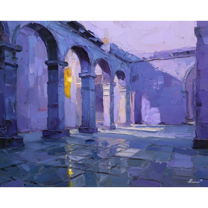 shaded, courtyard, hidden, behind, columned, walls, outlined, against, Aegean light, hillside dwellings, historic shoreline, sunlit masonry, quiet harbor, mediterranean landscape, ancient coast, marble architecture, seaside village, stone terrace, oil painting palette knife, textured impasto
