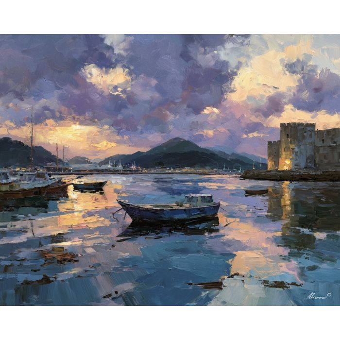 harbor, where, boats, rest, beneath, distant, hills, softened, hillside dwellings, historic shoreline, sunlit masonry, quiet harbor, mediterranean landscape, ancient coast, marble architecture, seaside village, stone terrace, Aegean light, oil painting palette knife, textured impasto