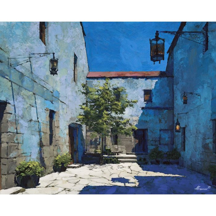 courtyard, framed, rectilinear, buildings, cool, clear, like, studio, abstract building, functional design, flat planes, linear balance, minimal composition, geometric facade, modernist structure, primary color field, clean architecture, rectilinear order, oil painting palette knife, textured impasto