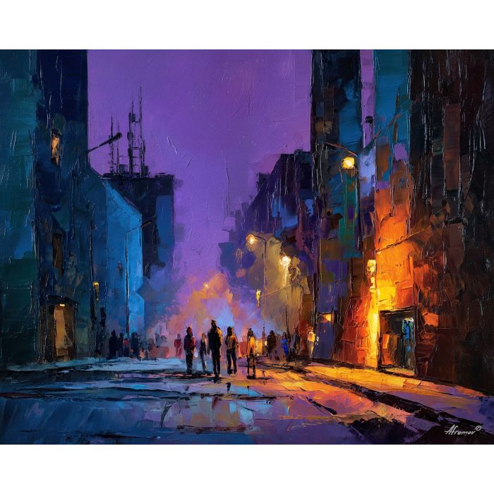 street, corner, humming, with, layered, silhouettes, thick, jazz atmosphere, brick facade, city rhythm, evening street, club doorway, neighborhood glow, urban pattern, historic energy, layered silhouettes, warm night color, oil painting palette knife, textured impasto, layered pigments