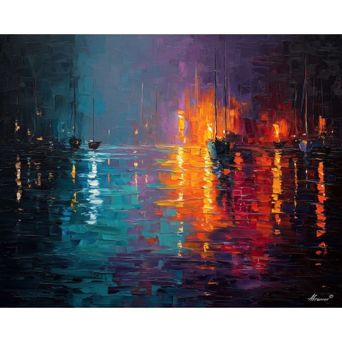 moonlit, quay, edged, still, reflections, gathering, quiet, pools, mediterranean landscape, ancient coast, marble architecture, seaside village, stone terrace, Aegean light, hillside dwellings, historic shoreline, sunlit masonry, quiet harbor, oil painting palette knife, textured impasto