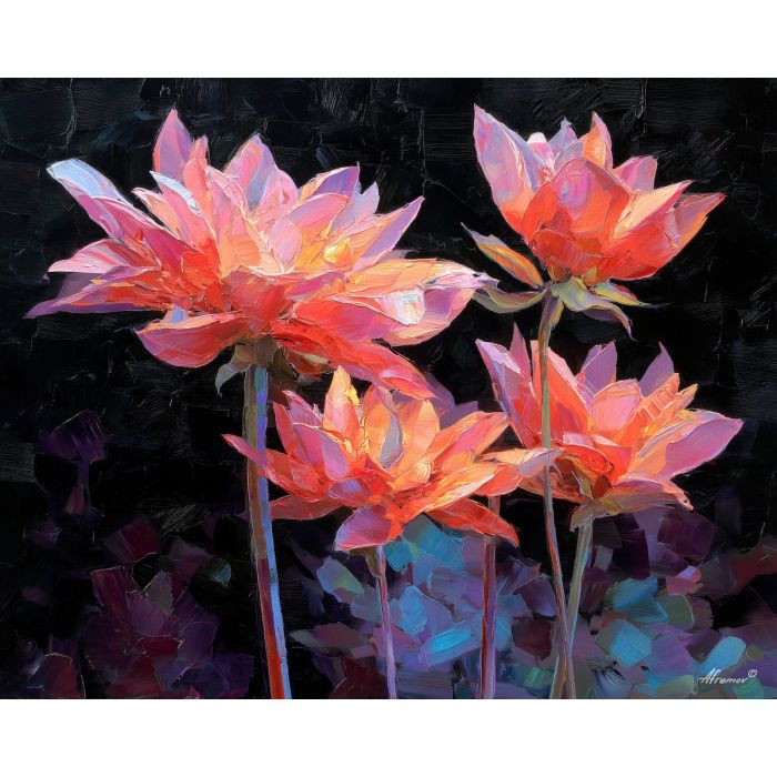 reflection, petals, faintly, visible, dark, glass, touching, edges, organic shapes, floral arrangement, delicate blossoms, glass vase, garden suggestion, soft bouquet, natural curve, petal layers, subtle fragrance, gentle color, oil painting palette knife, textured impasto