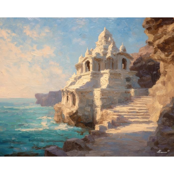 cliffside, temple, with, softened, marble, contours, bathed, hazy, ancient coast, marble architecture, seaside village, stone terrace, Aegean light, hillside dwellings, historic shoreline, sunlit masonry, quiet harbor, mediterranean landscape, oil painting palette knife, textured impasto