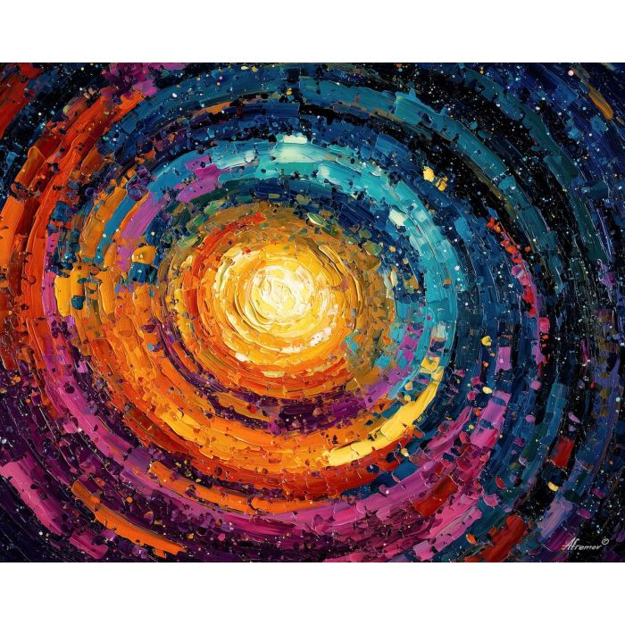 central, vortex, surrounded, radiating, shapes, from, multiple, kaleidoscopic field, surreal pattern, trippy geometry, fractal drift, chromatic wave, liquid color, visual distortion, bold saturation, neon spectrum, vivid spiral, oil painting palette knife, textured impasto, layered pigments