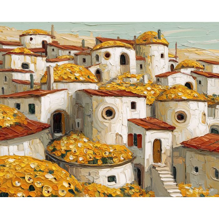 village, rounded, homes, earth, washed, pale, early-morning, gold, red earth, acacia silhouettes, village pattern, heat shimmer, distant hills, amber distance, open plain, sun-steeped land, textured horizon, savanna expanse, oil painting palette knife, textured impasto