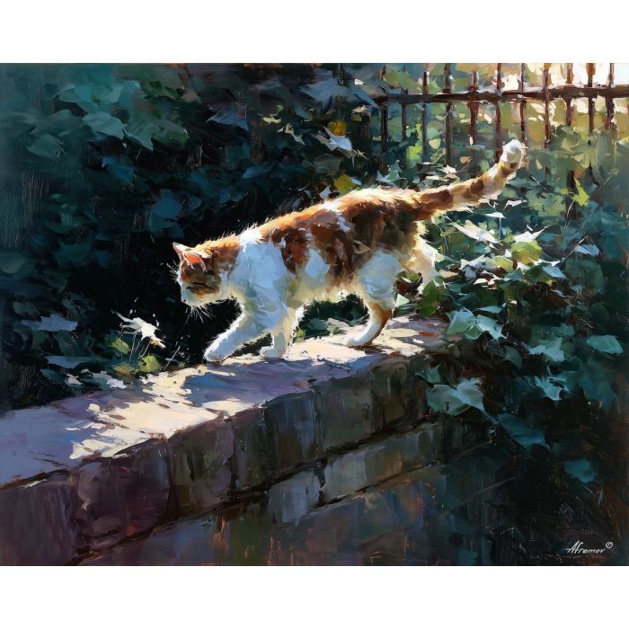 balanced, along, slim, garden, wall, lingering, faint, reflections, subtle movement, feline presence, resting figure, window light, quiet companion, soft fur, domestic calm, watchful pose, indoor stillness, gentle shadow, oil painting palette knife, textured impasto
