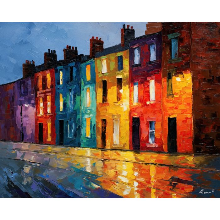brick, facades, stacked, with, bright, windows, glimmering, scattered, city rhythm, evening street, club doorway, neighborhood glow, urban pattern, historic energy, layered silhouettes, warm night color, jazz atmosphere, brick facade, oil painting palette knife, textured impasto
