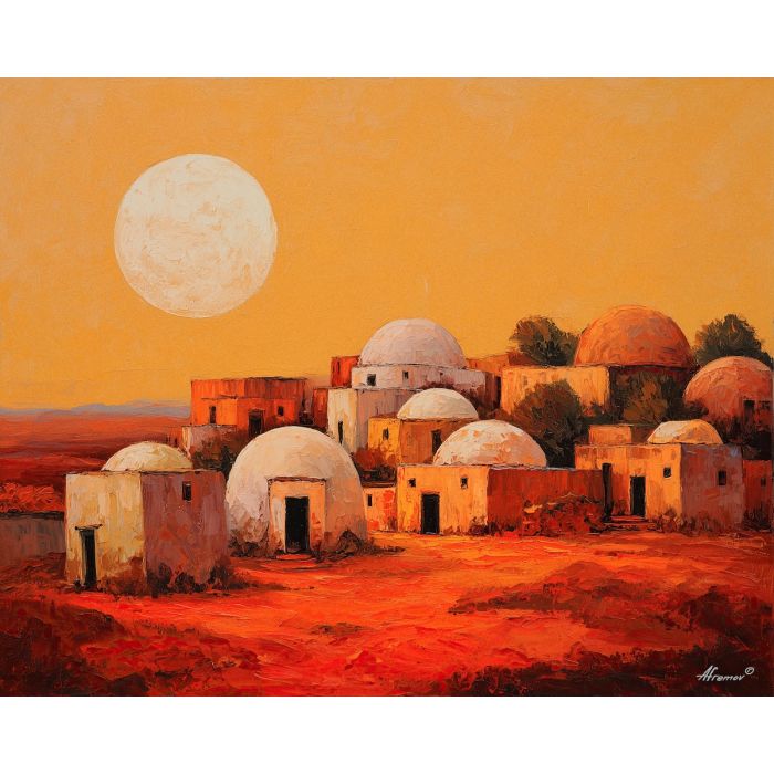 village, rounded, homes, earth, washed, pale, early-morning, gold, red earth, acacia silhouettes, village pattern, heat shimmer, distant hills, amber distance, open plain, sun-steeped land, textured horizon, savanna expanse, oil painting palette knife, textured impasto