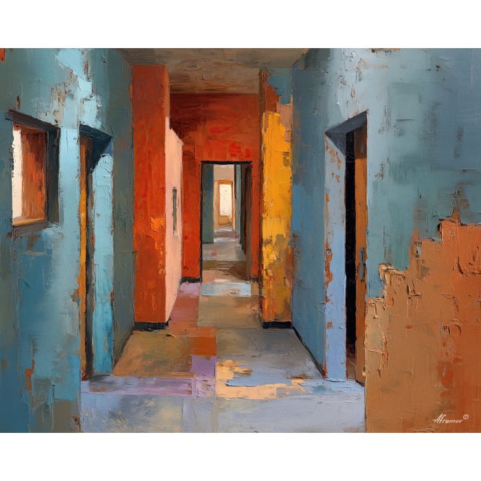 corridor, doors, into, smooth, surfaces, glazing, corners, with, minimal composition, geometric facade, modernist structure, primary color field, clean architecture, rectilinear order, abstract building, functional design, flat planes, linear balance, oil painting palette knife, textured impasto