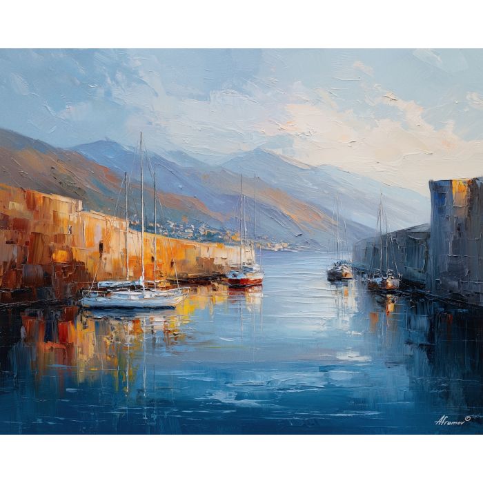 harbor, where, boats, rest, beneath, distant, hills, softened, hillside dwellings, historic shoreline, sunlit masonry, quiet harbor, mediterranean landscape, ancient coast, marble architecture, seaside village, stone terrace, Aegean light, oil painting palette knife, textured impasto