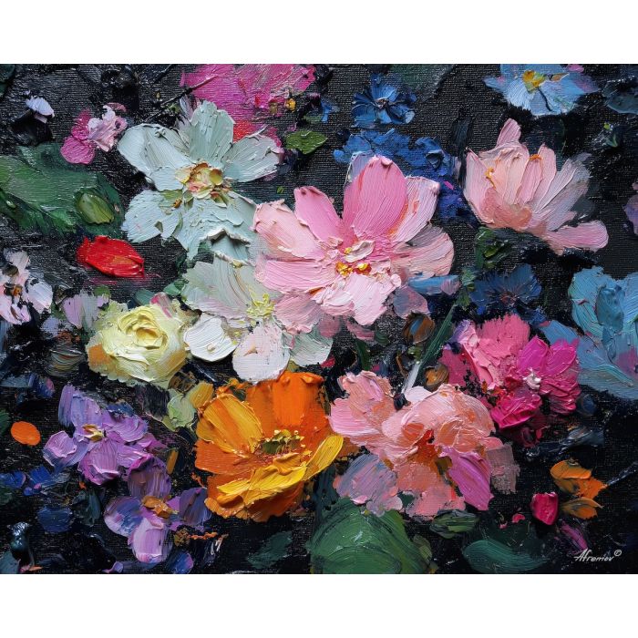 spray, blooms, different, stages, opening, gathering, small, luminous, gentle color, organic shapes, floral arrangement, delicate blossoms, glass vase, garden suggestion, soft bouquet, natural curve, petal layers, subtle fragrance, oil painting palette knife, textured impasto