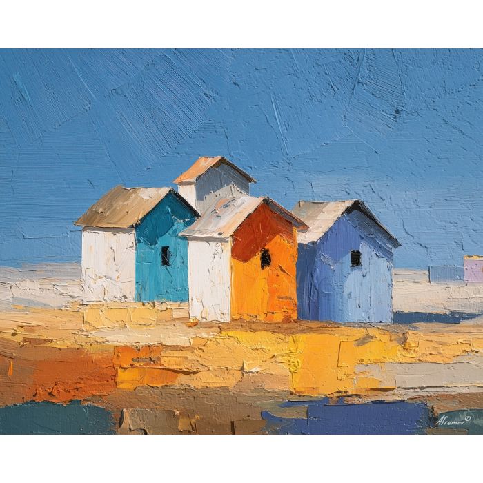 cluster, huts, beneath, wide, bright, pressing, down, from, open plain, sun-steeped land, textured horizon, savanna expanse, red earth, acacia silhouettes, village pattern, heat shimmer, distant hills, amber distance, oil painting palette knife, textured impasto