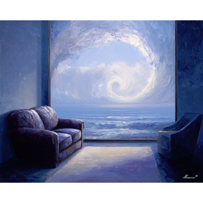 quiet, room, opening, toward, luminous, horizon, emerging, softly, soft radiance, arched space, gentle horizon, calm interior, hushed atmosphere, tender light, reflective stillness, subtle reverence, luminous calm, quiet sanctuary, oil painting palette knife, textured impasto