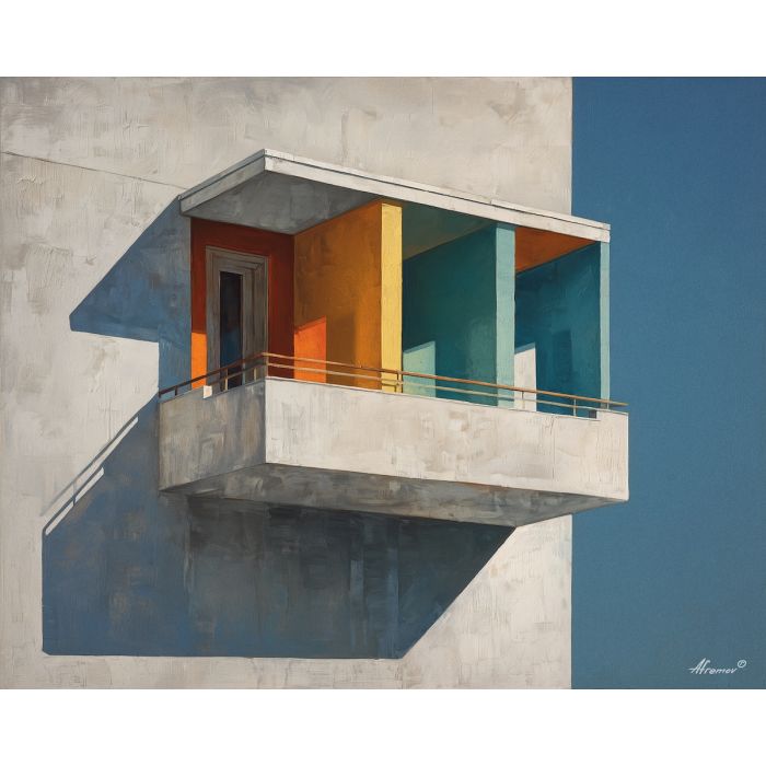 balcony, projecting, from, flat, wall, flattening, forms, into, clean architecture, rectilinear order, abstract building, functional design, flat planes, linear balance, minimal composition, geometric facade, modernist structure, primary color field, oil painting palette knife, textured impasto