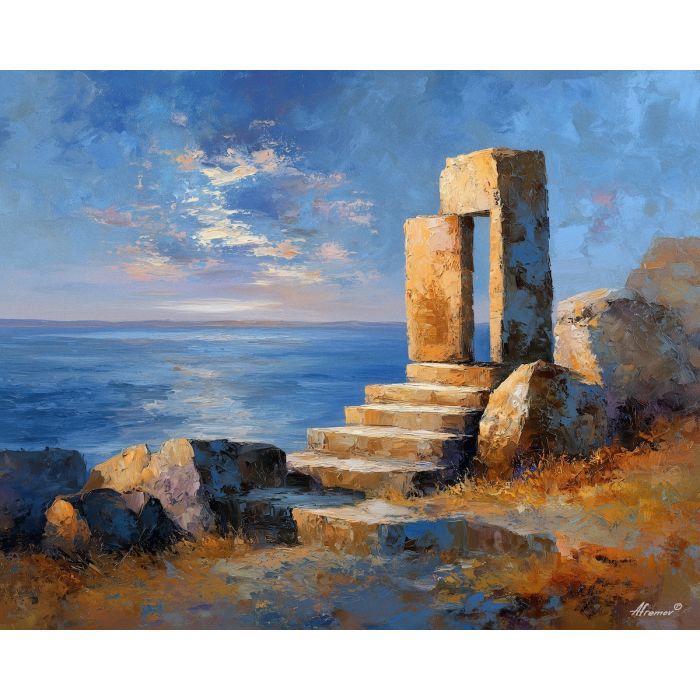 small, shrine, standing, near, broken, steps, hovering, faint, quiet harbor, mediterranean landscape, ancient coast, marble architecture, seaside village, stone terrace, Aegean light, hillside dwellings, historic shoreline, sunlit masonry, oil painting palette knife, textured impasto