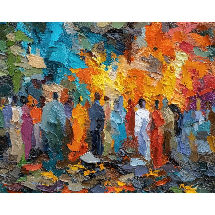market, clearing, hinted, color, movement, scattering, tiny, sparks, textured horizon, savanna expanse, red earth, acacia silhouettes, village pattern, heat shimmer, distant hills, amber distance, open plain, sun-steeped land, oil painting palette knife, textured impasto