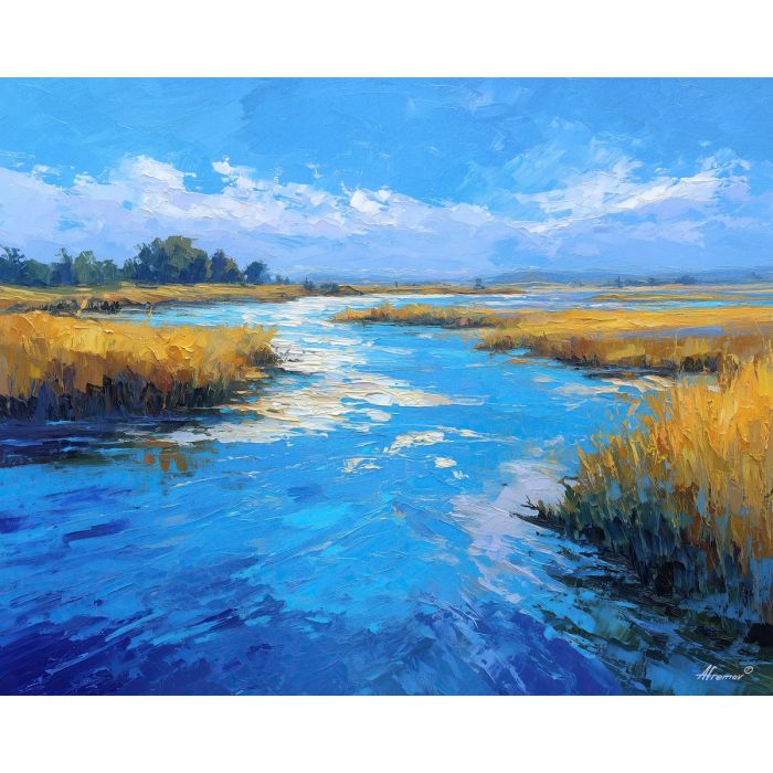 riverbank, lined, with, tall, shimmering, grasses, humming, acacia silhouettes, village pattern, heat shimmer, distant hills, amber distance, open plain, sun-steeped land, textured horizon, savanna expanse, red earth, oil painting palette knife, textured impasto, layered pigments