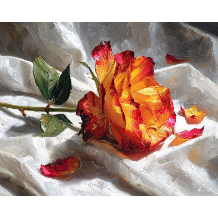 single, bloom, lying, along, folded, fabric, filtering, from, delicate blossoms, glass vase, garden suggestion, soft bouquet, natural curve, petal layers, subtle fragrance, gentle color, organic shapes, floral arrangement, oil painting palette knife, textured impasto