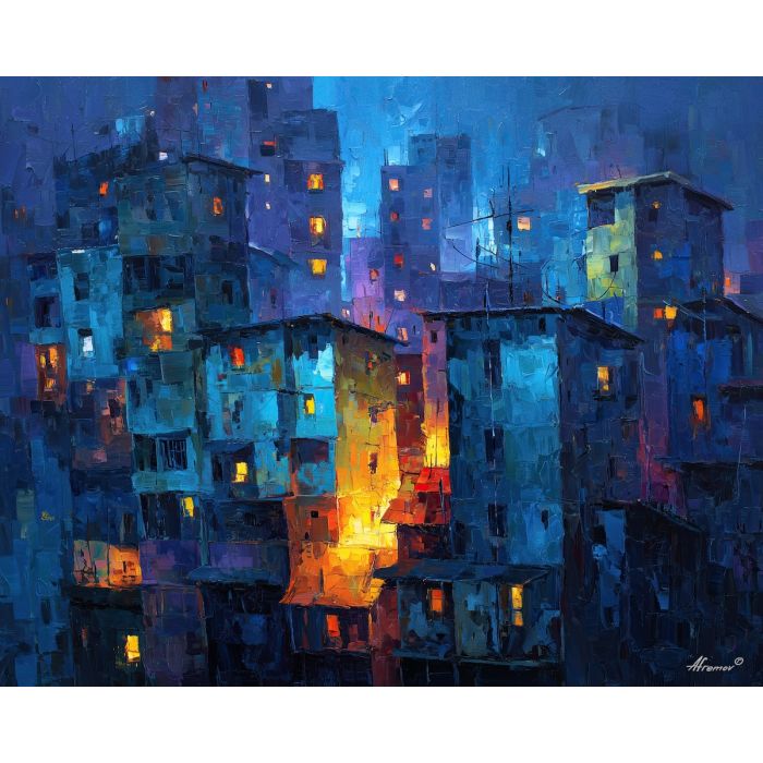 block, buildings, fading, into, electric, dissolving, upward, warm night color, jazz atmosphere, brick facade, city rhythm, evening street, club doorway, neighborhood glow, urban pattern, historic energy, layered silhouettes, oil painting palette knife, textured impasto, layered pigments