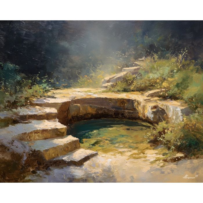 watering, hollow, edged, with, worn, stone, filling, amber distance, open plain, sun-steeped land, textured horizon, savanna expanse, red earth, acacia silhouettes, village pattern, heat shimmer, distant hills, oil painting palette knife, textured impasto, layered pigments