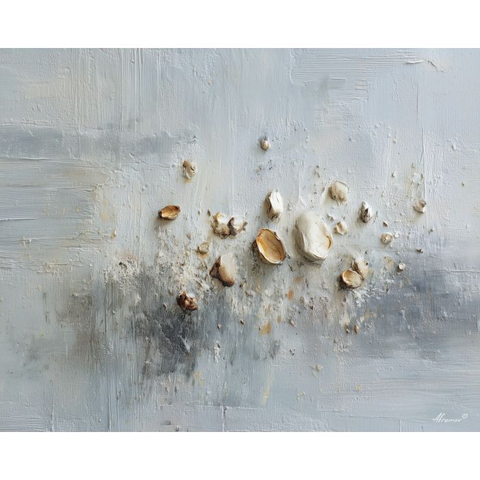 porcelain, surface, scattered, with, small, objects, faintly, glowing, subtle moisture, bath corner, intimate space, ceramic texture, tiled interior, soft steam, reflective glass, porcelain surface, quiet routine, domestic stillness, oil painting palette knife, textured impasto