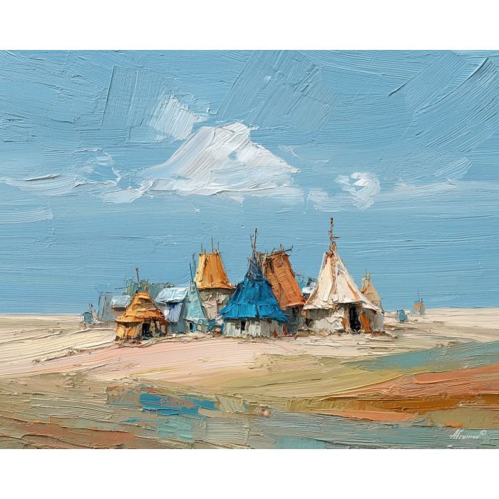 cluster, huts, beneath, wide, bright, pressing, down, from, open plain, sun-steeped land, textured horizon, savanna expanse, red earth, acacia silhouettes, village pattern, heat shimmer, distant hills, amber distance, oil painting palette knife, textured impasto