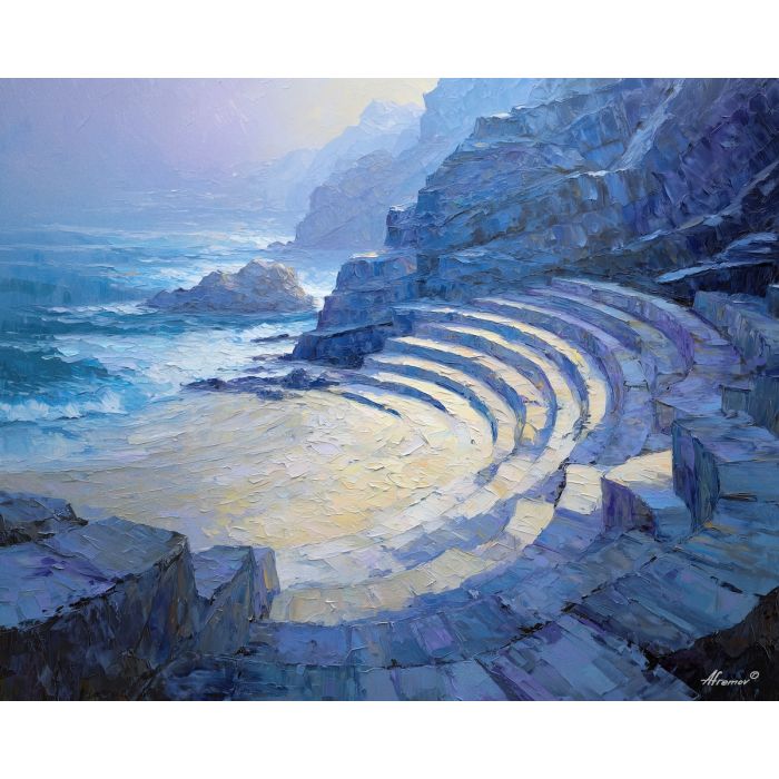 amphitheater, carved, into, weathered, stone, terraces, veiled, delicate, stone terrace, Aegean light, hillside dwellings, historic shoreline, sunlit masonry, quiet harbor, mediterranean landscape, ancient coast, marble architecture, seaside village, oil painting palette knife, textured impasto