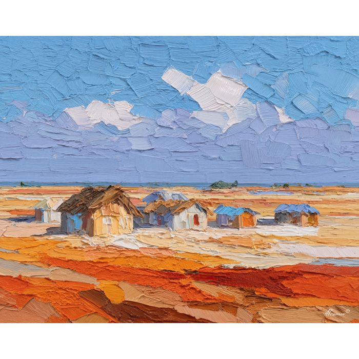 cluster, huts, beneath, wide, bright, pressing, down, from, open plain, sun-steeped land, textured horizon, savanna expanse, red earth, acacia silhouettes, village pattern, heat shimmer, distant hills, amber distance, oil painting palette knife, textured impasto