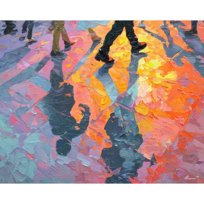 dance, floor, reduced, overlapping, figures, compressing, shadows, between, historic energy, layered silhouettes, warm night color, jazz atmosphere, brick facade, city rhythm, evening street, club doorway, neighborhood glow, urban pattern, oil painting palette knife, textured impasto