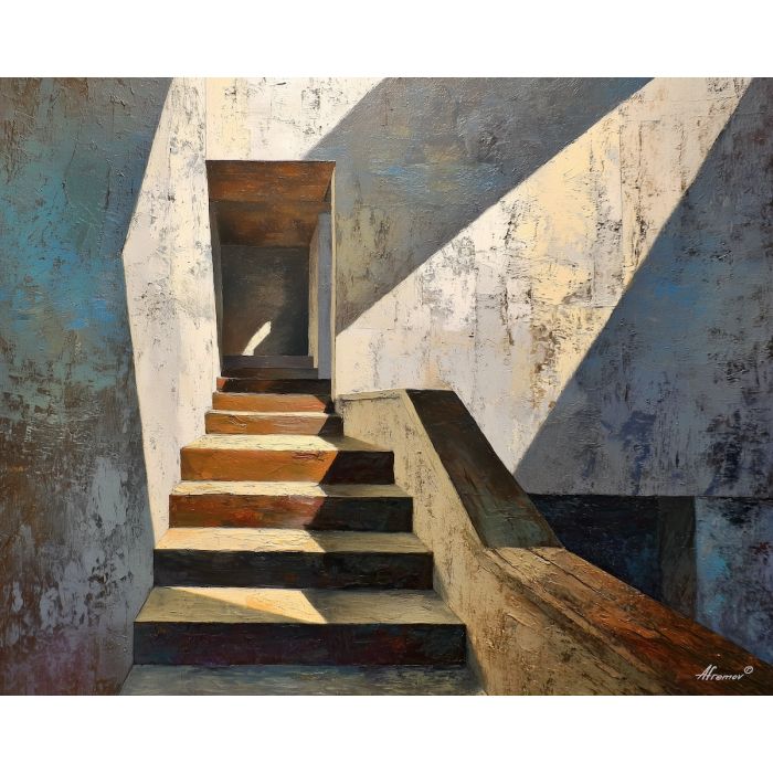 stairwell, dissolved, into, geometric, shadow, bands, sharp, primary color field, clean architecture, rectilinear order, abstract building, functional design, flat planes, linear balance, minimal composition, geometric facade, modernist structure, oil painting palette knife, textured impasto, layered pigments