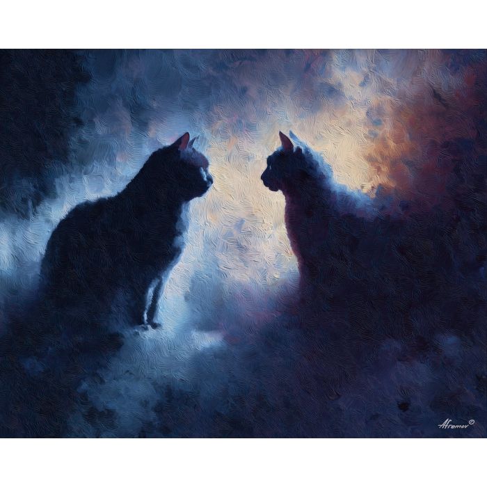 shapes, sharing, patch, light, softly, dissolving, paws, into, watchful pose, indoor stillness, gentle shadow, subtle movement, feline presence, resting figure, window light, quiet companion, soft fur, domestic calm, oil painting palette knife, textured impasto