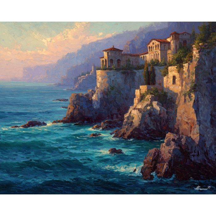 cliffside, temple, with, softened, marble, contours, bathed, hazy, ancient coast, marble architecture, seaside village, stone terrace, Aegean light, hillside dwellings, historic shoreline, sunlit masonry, quiet harbor, mediterranean landscape, oil painting palette knife, textured impasto