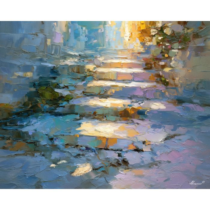 stone, threshold, leading, into, softened, brightness, spilling, vertical, arched space, gentle horizon, calm interior, hushed atmosphere, tender light, reflective stillness, subtle reverence, luminous calm, quiet sanctuary, soft radiance, oil painting palette knife, textured impasto