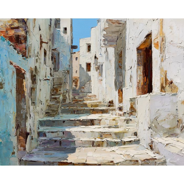 narrow, lane, winding, between, whitewashed, facades, warming, stone, sunlit masonry, quiet harbor, mediterranean landscape, ancient coast, marble architecture, seaside village, stone terrace, Aegean light, hillside dwellings, historic shoreline, oil painting palette knife, textured impasto